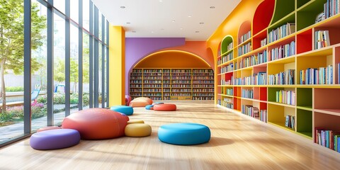 Canvas Print - Colorful bookshelves in a modern library with wooden floors 