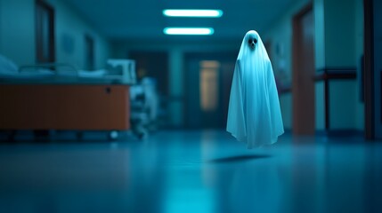 Ghostly Apparition Hovering in Dimly Lit Hospital Room with and Clinical Aesthetic