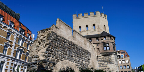 preserved remains of the medieval city wall from the 13th century with the severins gate castle in cologne's southern city district