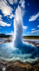 Epic display of geo-thermal power: A fierce Geyser eruption against the impartial blue sky