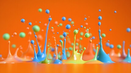 Colorful Paint Splashes on Orange Background, Abstract Image, Texture, Pattern Background, Wallpaper, Cover and Screen of Smartphone, PC, Laptop, 9:16 and 16:9 Format