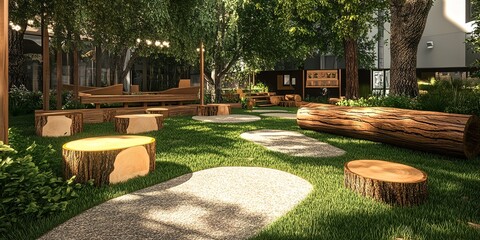 Canvas Print - Natural mockup of an outdoor classroom with grass flooring and wooden log seating for an earthy feel. 