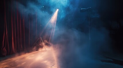 A stage light shining through a fog machine, creating a mysterious and atmospheric scene