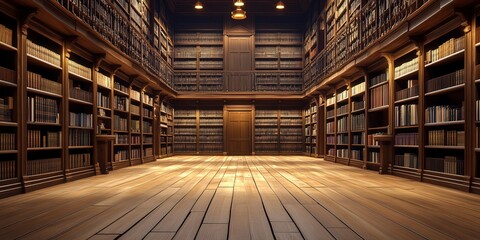 Poster - A vast library room with wooden flooring and empty bookshelves extending to the ceiling, creating an atmosphere of anticipation and potential for knowledge and growth.