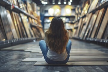 Poster - A woman sits on the floor in an indoor retail setting, surrounded by products and displays