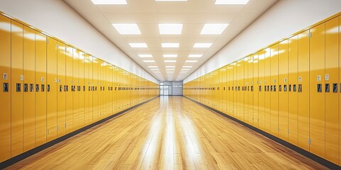 Canvas Print - Empty high school hallway with yellow lockers on the left and right sides wooden floor bright white ceiling lights
