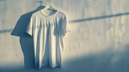Poster - A simple white t-shirt hangs on a white background, perfect for minimalist designs or as a neutral placeholder