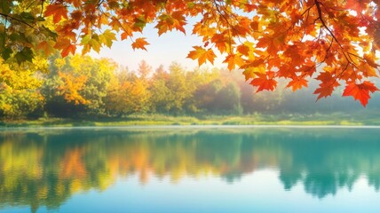 Wall Mural - Scenic lake with autumn foliage and calm water