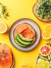 Aufkleber - A delightful breakfast spread featuring avocado on toast, fresh salmon slices, and vibrant citrus fruits creatively arranged on a yellow backdrop. Generative AI