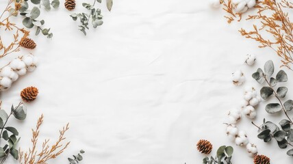 Wall Mural - White, rustic background with cotton flowers, pinecones, eucalyptus leaves, and dried branches in minimalist arrangement