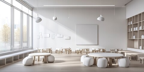 Wall Mural - Classroom with minimalist white and grey decor, light wooden flooring, and clean lines 