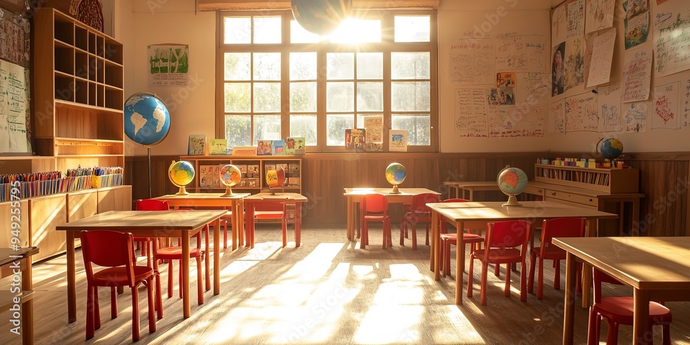 Empty classroom with red chairs and wooden tables. Sunlight coming ...
