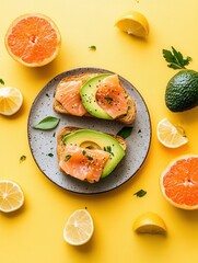 Aufkleber - Enjoy a nutritious breakfast spread showcasing avocado toast topped with salmon, complemented by fresh citrus fruits on a bright background. Generative AI