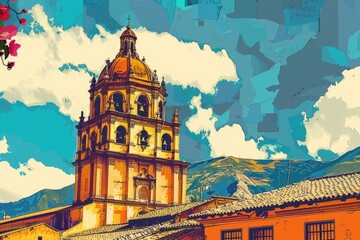 Poster - A painting of a clock tower on a building with a traditional architecture style