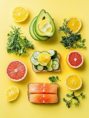 Aufkleber - A vibrant breakfast spread showcases avocado toast topped with fresh cucumbers, salmon, and various citrus fruits on a sunny yellow backdrop. Generative AI