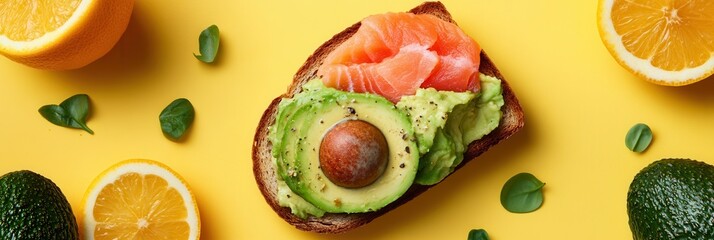 Aufkleber - A delicious breakfast spread showcases freshly made avocado toast topped with salmon, surrounded by vibrant citrus fruits. Generative AI