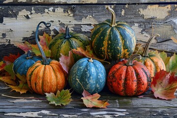 Wall Mural - A collection of pumpkins placed on a wooden bench, ideal for autumn or Halloween-themed designs