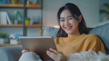 Poster - A person sitting on a couch with a tablet in hand, possibly browsing or working