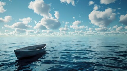 Poster - A small boat is floating in the middle of the ocean, calm waters and blue sky