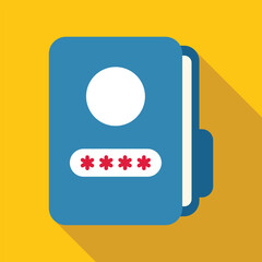 Poster - Blue personal diary with password keeping secrets safe, flat vector illustration with long shadow on yellow background