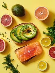Aufkleber - A vibrant breakfast spread featuring avocado toast with salmon, fresh citrus fruits, and green herbs set against a cheerful yellow backdrop. Generative AI