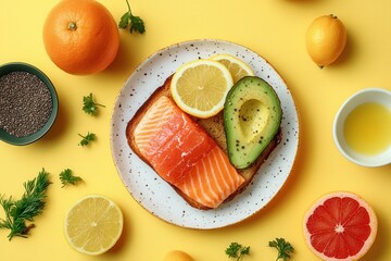 Aufkleber - Brighten your morning with a healthy breakfast featuring avocado toast, smoked salmon, and refreshing citrus fruits on yellow. Generative AI