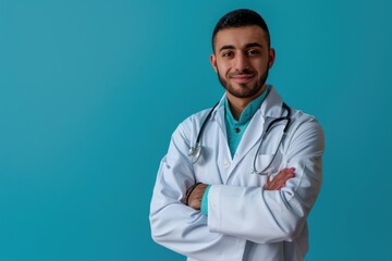 Canvas Print - A person in a lab coat standing with their arms crossed, suitable for use as a generic illustration of a scientist or medical professional