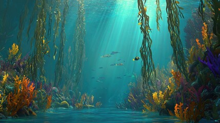 Wall Mural - Underwater view of kelp forest, sunlight filtering through water, fish swimming among kelp