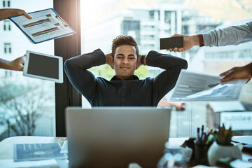 Poster - Calm, hands and man with smile, office and multitasking with busy schedule, laptop and stretching. Relax, group and demanding workload for employee, social media specialist and happy for project