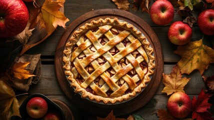 Wall Mural - Lattice-top apple pie surrounded by apples and autumn leaves