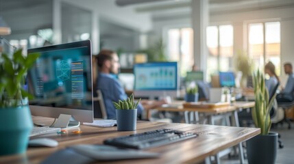 Poster - A desk with a computer monitor and keyboard on it. AI.