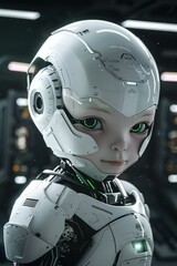 Poster - A close up of a robot with green eyes and white armor. AI.
