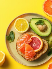 Aufkleber - Savor a nutritious breakfast featuring avocado toast topped with salmon, complemented by fresh citrus on a cheerful yellow background. Generative AI