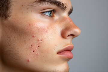 Closeup of man face with red pimples on skin. Acne therapy, inflammation on face and problem skin. Facial treatment, skincare routine and hygiene. Rosacea and couperose. Cosmetic and beauty concept