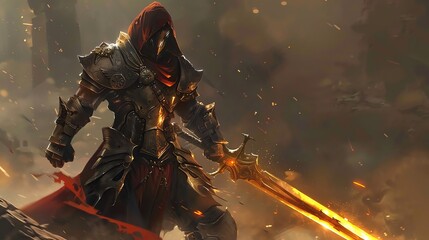 Poster - A warrior in dark armor and a red hood stands in a fantasy landscape with a glowing sword.