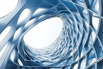 Poster - An intricate abstract design showcasing modern architecture with a blue tone and fluid shapes that evoke a sense of depth.