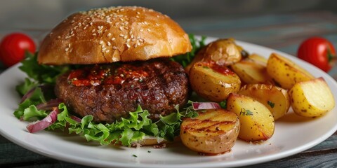 Wall Mural - Juicy beef burger with potato and salad on a white plate