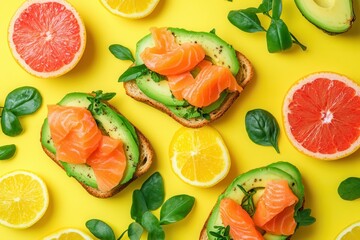 Aufkleber - Delicious avocado toast topped with salmon and fresh citrus slices creates a bright and healthy breakfast display. Generative AI