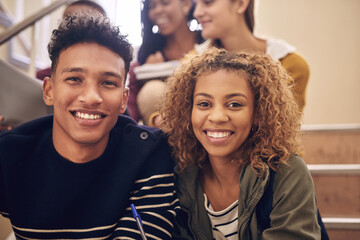 Poster - Happy, stairs and portrait of students at university for education, studying or open day. Smile, steps and young friends at college campus for learning, exam or academic scholarship admission test.