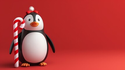 Poster - A cute penguin holding a candy cane on a red background.