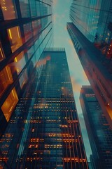 Aufkleber - A nighttime view of a city from the ground level, showing illuminated buildings and bustling streets