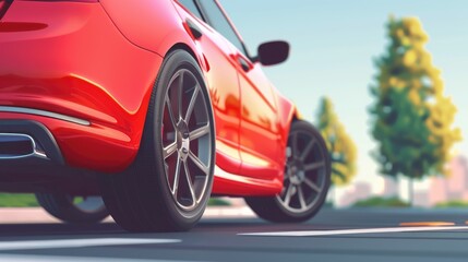 Poster - A red car parked on the side of the road, suitable for use in travel or transportation-themed projects