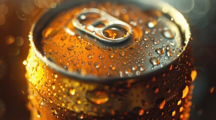 Poster - A close-up of a can of soda with water droplets on it, perfect for use in food or beverage related contexts