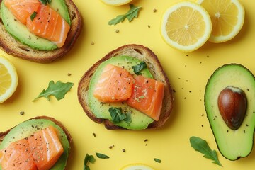 Aufkleber - Enjoy a colorful healthy breakfast featuring avocado toast topped with fresh salmon and bright citrus, perfect for a nutritious start to the day. Generative AI