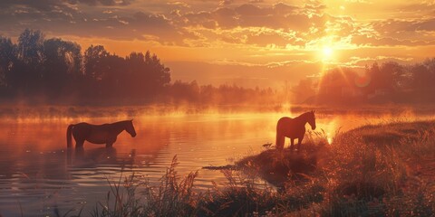 Wall Mural - Golden Sunrise Over Rural Landscape with Horses at the Water s Edge