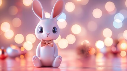 Canvas Print - A cute cartoon bunny wearing a bowtie in front of a blurred background of lights.