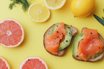 Aufkleber - Delicious avocado toast topped with salmon is served alongside fresh citrus fruits on a bright yellow backdrop, perfect for breakfast. Generative AI