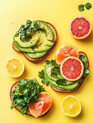Aufkleber - Enjoy a nutritious breakfast with avocado toast topped with salmon and fresh citrus fruits displayed on a vibrant yellow surface. Generative AI