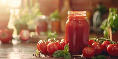 Wall Mural - Tomato passata from Italy for enriching spaghetti sauces, ketchup, and pureed tomatoes directly from the container.