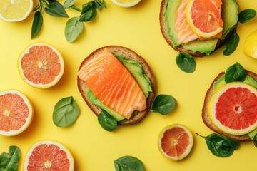 Aufkleber - Enjoy a nutritious breakfast with avocado toast featuring salmon and refreshing citrus, beautifully arranged on a bright yellow background. Generative AI